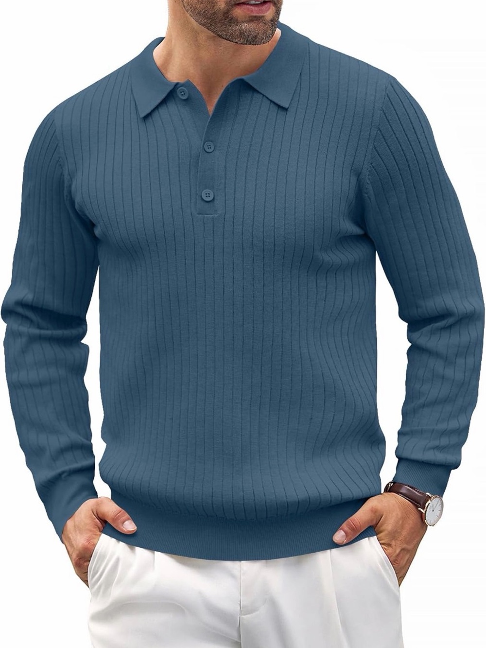 Men's Ribbed V-Neck Polo Sweater in Dusty Blue